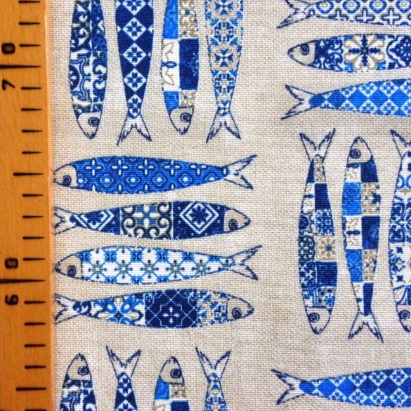 Sardinia, színes hal mintás lakástextil dekorvászon, kék 