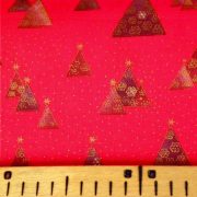 PINEAS, piros, fenyőfa mintás, karácsonyi pamutvászon