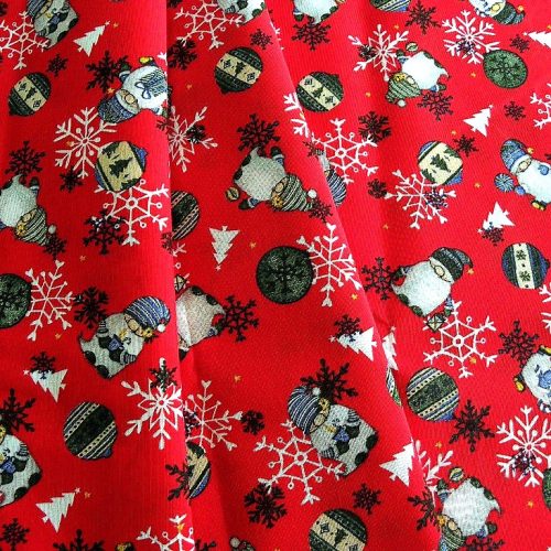 DUNDI manók és gömbök, piros - karácsonyi loneta lakástextil dekorációs anyag