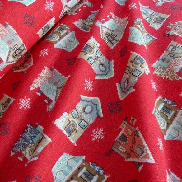 CASA, házikó mintás, karácsonyi lakástextil dekorációs anyag, piros