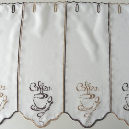 COFFEE, hímzett, fehér voile vitrázs függöny, barna-bronz kávéscsésze mintával