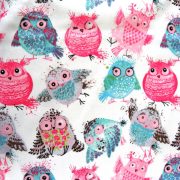 Gömbi, pufók madár mintás pamut vászon, pink-kék