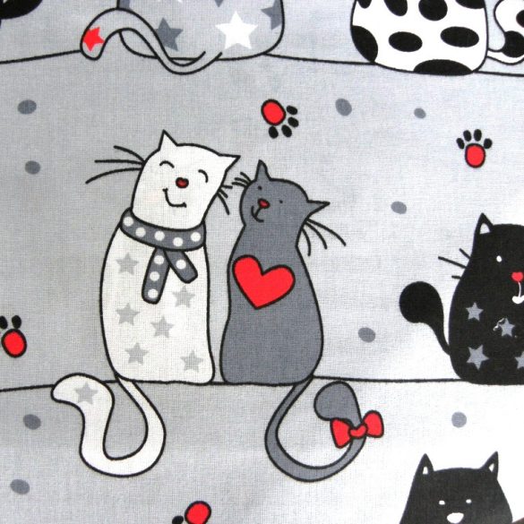 CATS LOVE, extra széles, cicás, szürke-piros, gyerekmintás pamutvászon
