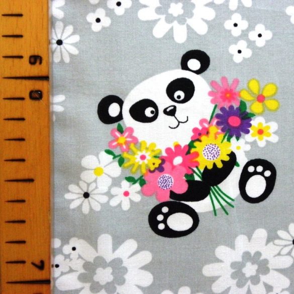 PANDA, virágos, panda macis, extra széles, gyerekmintás pamutvászon, szürke