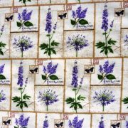 LILLA, lila virágos patchwork kevertszálas vászon anyag